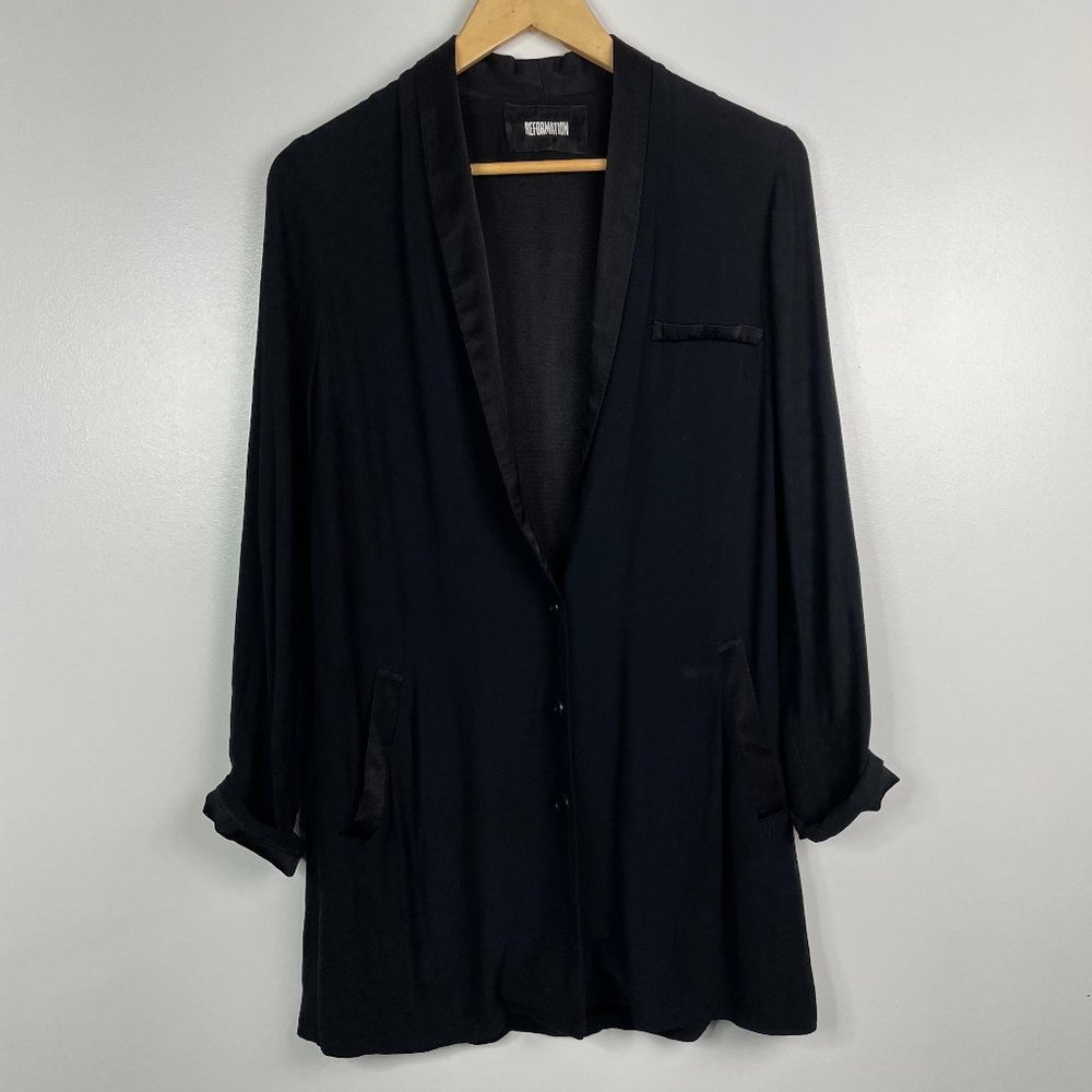 Reformation  Black  Satin Trim Button Down Blazer Cardigan  Oversized  Chic XS